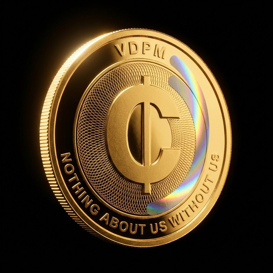 The Cripto: a gold coin embossed with the Cripto currency symbol, the letters VDPM, the words Nothing About Us Without Us around the rim, and a holographic security band.